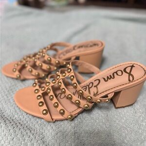 Peachy-Pink Block Heel Sandals with Gold Studs